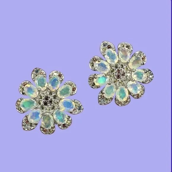 925 Sterling Silver Earrings With Natural Oval Fire Opal & Sapphire Gems